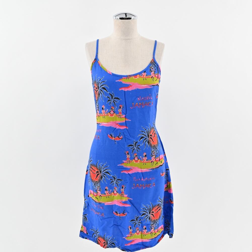Vtg Y2k Tropical Dress‎ Womens Sz S Blue Negril Jamaica Caribbean SUN ISLAND